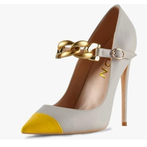 YDN Yellow Patchwork Pointed Toe Pumps Chain Strap Stiletto High Heels Shoes - Picture 1 of 8